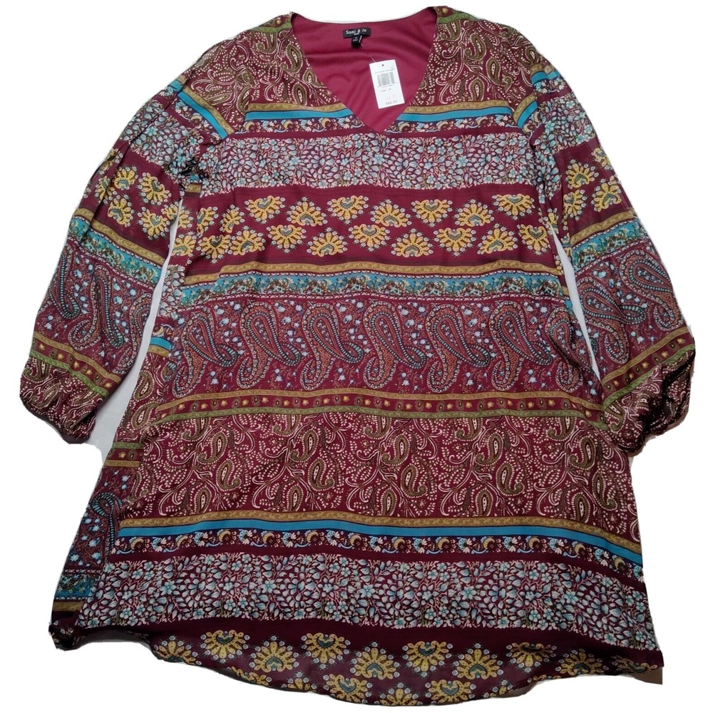 SAMI & JO PLUS Women Plus 1X Burgundy Paisley Slit Sleeve Dress NEW